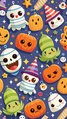 Charming and whimsical halloween pattern featuring stylized cute characters and elements