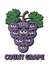 Cartoon grape sticker Count Grape with many expressive eyes, funny and playful fruit mascot illustration isolated on transparent background