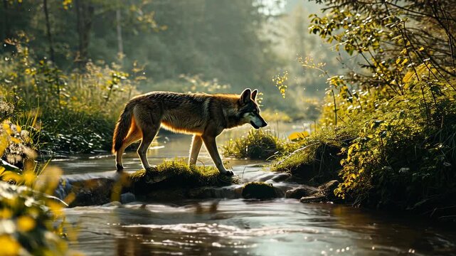 wolf in the forest near the river. Selective focus. animal.