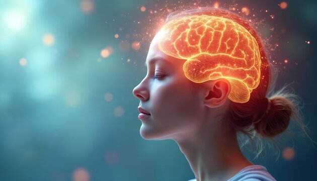 Profile of young woman with glowing brain. Focus on mental health, stress management. Inner thoughts, brain activity visualized with energy, particles. Concept for neuroscience, wellness, medical