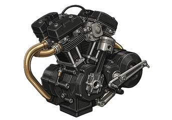 Detailed Illustration of a Black Motorcycle Engine with Golden Pipes.