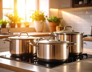 Modern kitchen with stainless steel cookware on a stovetop.  Sunlight streams in