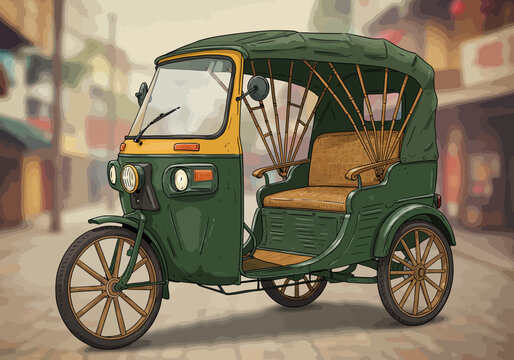 Vintage Green and Yellow Auto Rickshaw Illustration.