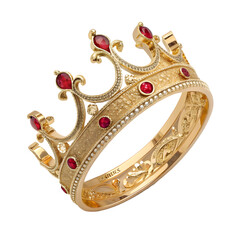 Obraz premium Ornate gold crown adorned with red gemstones on a black background