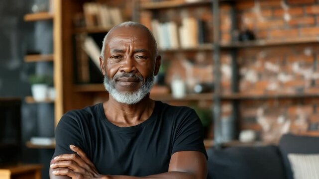Elderly man with silver beard and kind expression stands with arms crossed in a cozy room with bookshelves.