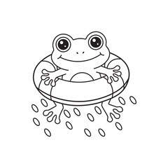cute frog with big eyes sitting in swim ring, black and white cartoon illustration for kids summer coloring pages on white background.