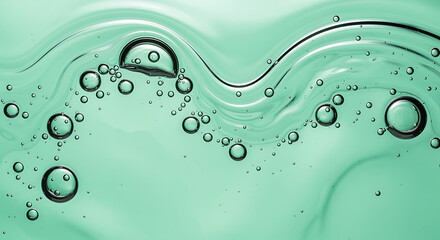 Close up of green liquid with bubbles and wavy surface patterns