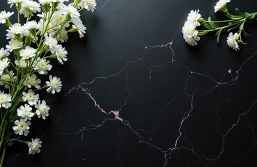 Flat lay of delicate white flowers arranged on black marble surface. Natural stone features intricate white veining. Arrangement offers serene, elegant composition, suitable for memorial