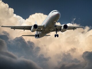 Dramatic airplane soaring through vibrant clouds, perfect for travel, business, or aviation themes