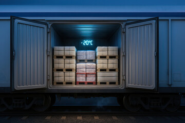Cold storage container with pallets of goods inside refrigerated train car showing digital temperature display of minus 20 degrees Celsius, emphasizing secure and controlled transport