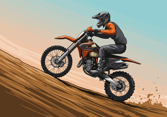 Fototapeta premium Orange Dirt Bike Rider Climbing a Hill.