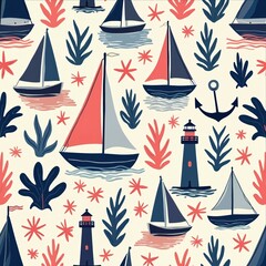 Nautical seamless pattern with sailboats, lighthouses, anchors, sea flora in blue, coral, cream. Repeating illustration perfect for summer textiles, beach swimwear, fabric prints, vintage-inspired