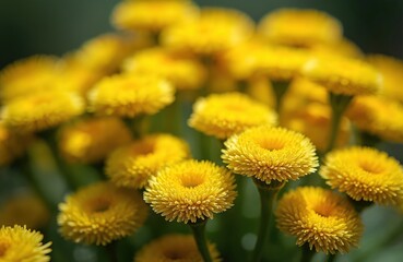 Macro shot of bright yellow Santolina flowers, known for graceful appearance, gentle aroma. Bloom features numerous small petals forming dense, rounded head with prominent stamens. Shallow depth of