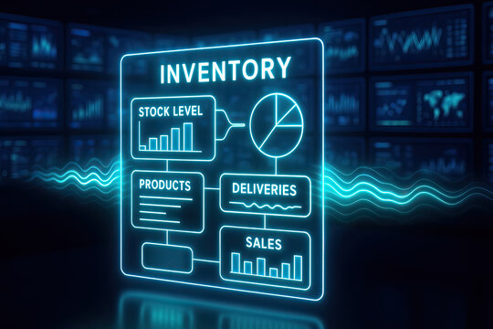 Inventory management concept with glowing digital interface showing stock level, products, deliveries, and sales data in futuristic technology environment
