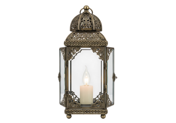 Ornate brass lantern with glass panels and a lit candle, showcasing intricate decorative details against a stark black background.