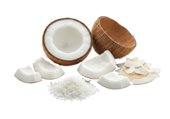 Fresh organic coconut halves, chunks, and shredded flakes on a transparent studio background with soft light and copy space, conveying natural purity and healthy living concept.