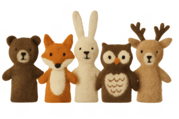 Five woodland animal finger puppets posing on transparent background