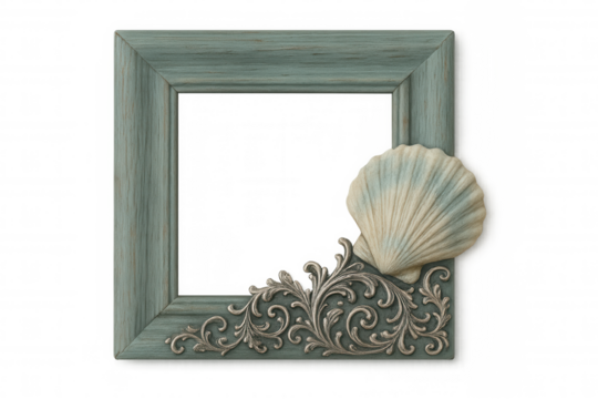 Wooden frame bordered by seashells and silver decorations, displaying empty interior against transparent background, ready for personalized image insertion