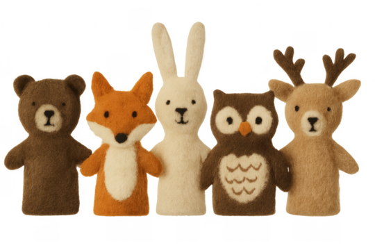 Five woodland animal finger puppets posing on transparent background