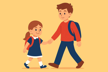 Boy leading first-grade girl to school, flat illustration