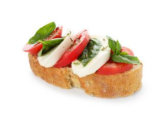 Delicious sandwich with mozzarella cheese, tomatoes and basil isolated on white