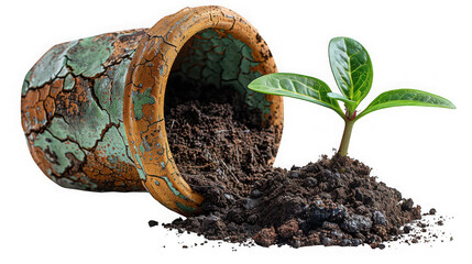 Small green plant sprout growing from spilled soil from a cracked vintage flowerpot, isolated on transparent background