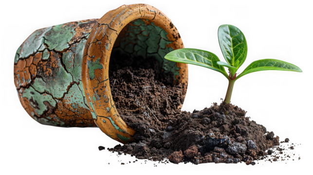 Small green plant sprout growing from spilled soil from a cracked vintage flowerpot, isolated on transparent background