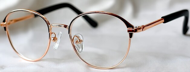 Luxurious eyeglasses rest on soft fabric, illuminated by gentle lighting, highlighting their sophisticated design in an elegant bedroom