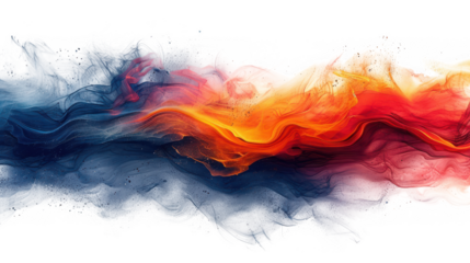 Abstract dynamic colorful explosion of powder and smoke in vibrant red, orange, and blue hues on transparent background