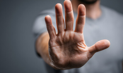 Obraz premium person's hand showing palm gestures stop concepts ofviolence, warning, refuse,and defense. the hand signof men a stop, caution