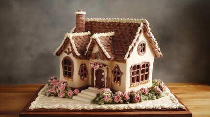 house made of chocolate, snowy roof generative ai