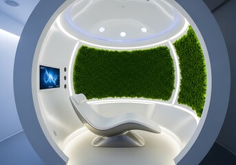 Modern futuristic reception area with living green wall and curved white desk