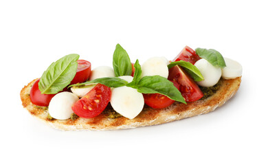 Delicious sandwich with mozzarella cheese, tomatoes and basil isolated on white