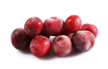 Pile of ripe frozen cherries isolated on white