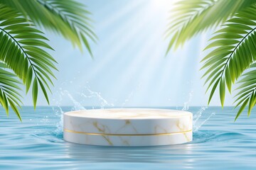 Obraz premium Tropical White Marble Pedestal on Water with Sunlight