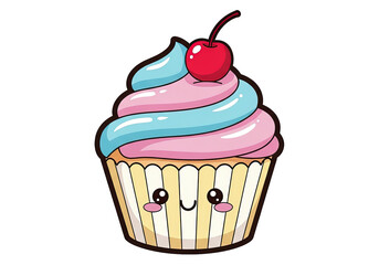 Cartoon cupcake with pink and blue frosting and a cherry on top.