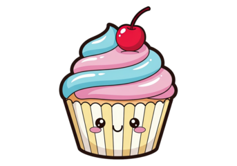 Cartoon cupcake with pink and blue frosting and a cherry on top.