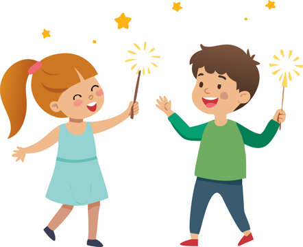 kids playing with sparklers, stars, cartoon style clip art preview