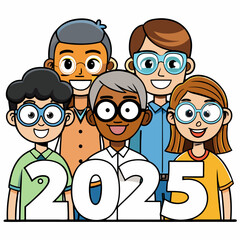 Diverse group of people celebrating the new year wearing futuristic 2025 glasses