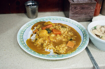 Japanese Curry Rice with Vegetables on Plate, Film Photography