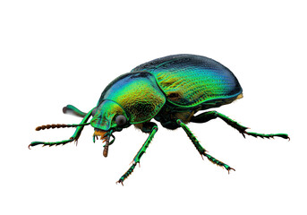 Naklejka premium Incredibly detailed, stationary iridescent beetle with vibrant metallic sheen and exquisite biomimetic design on a neutral textured surface, concept of biomimicry and natural innovation