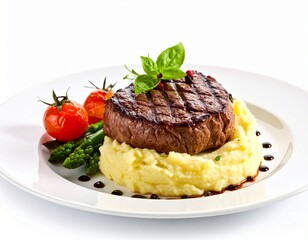A perfectly grilled steak medallion served atop creamy mashed potatoes, garnished with fresh asparagus, cherry tomatoes, and a basil leaf.