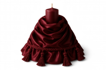 Luxurious red candle resting on draped silk fabric with decorative tassels, highlighting elegant home decor against transparent backdrop