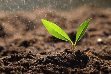 Water drops falling onto young plant with green leaves in soil outdoors, closeup