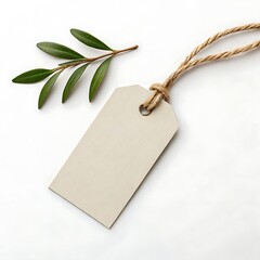 A blank tag with twine and a small green branch on a white background for a minimalist aesthetic