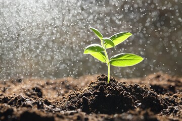Water drops falling onto young plant with green leaves in soil outdoors, closeup. Space for text