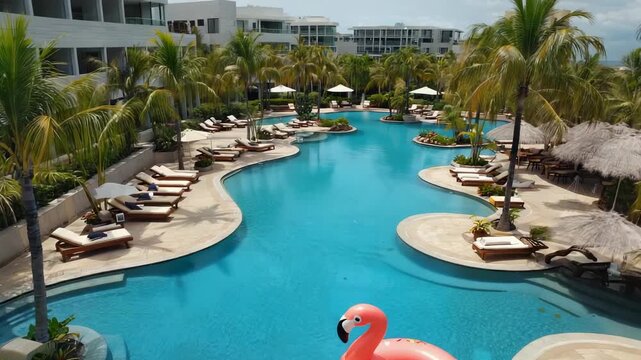 Aerial view of clear blue swimming pool with pink flamingo floats, surrounded by green palm trees, summer vacation atmosphere