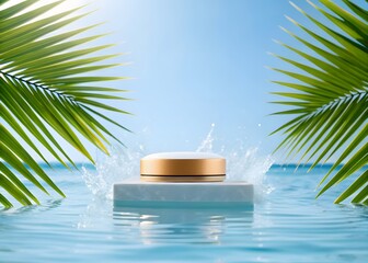 Fototapeta premium Tropical Cream Jar Display on Marble Pedestal