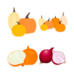 Large collection of fruit and vegetable vector icons. Set includes exotic tropical fruits, citrus, and vegetables like durian, papaya, onion, and pumpkin for healthy food and grocery designs.