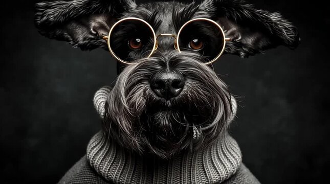 A black Schnauzer dog wearing sunglasses and a gray shirt generative ai